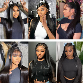 MUNONG 30 Inch Straight Lace Front Wig styled in a bun