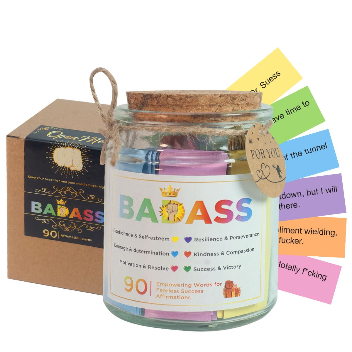 Musemory Badass Affirmation Jar with a background of flowers