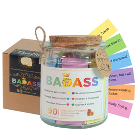 Musemory Badass Affirmation Jar with a background of flowers