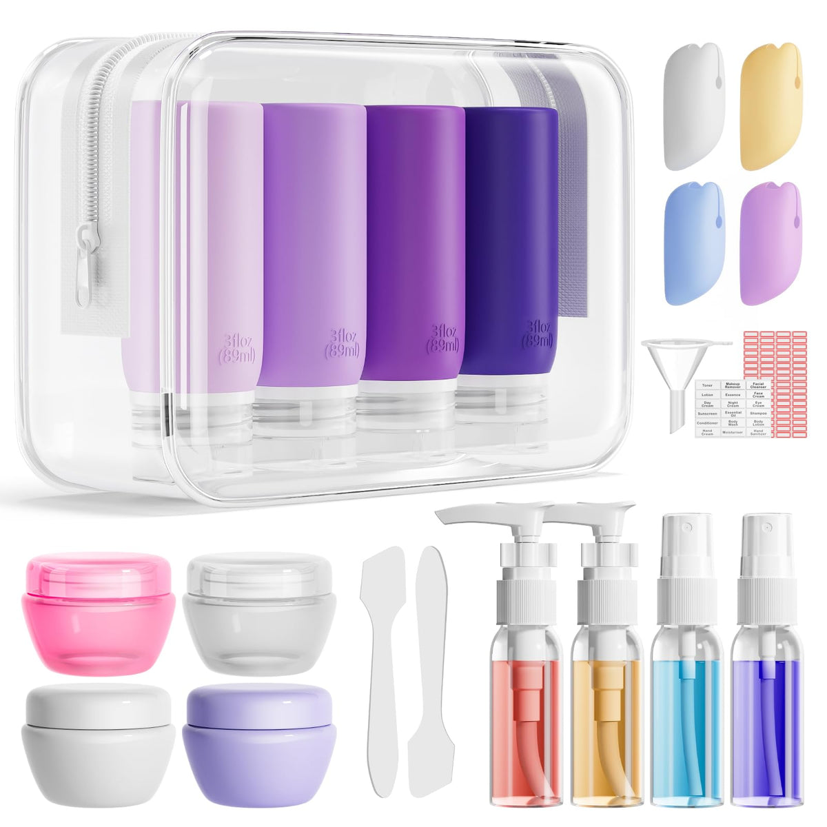 Muslish 21 Pack Travel Bottles Set in purple with various containers