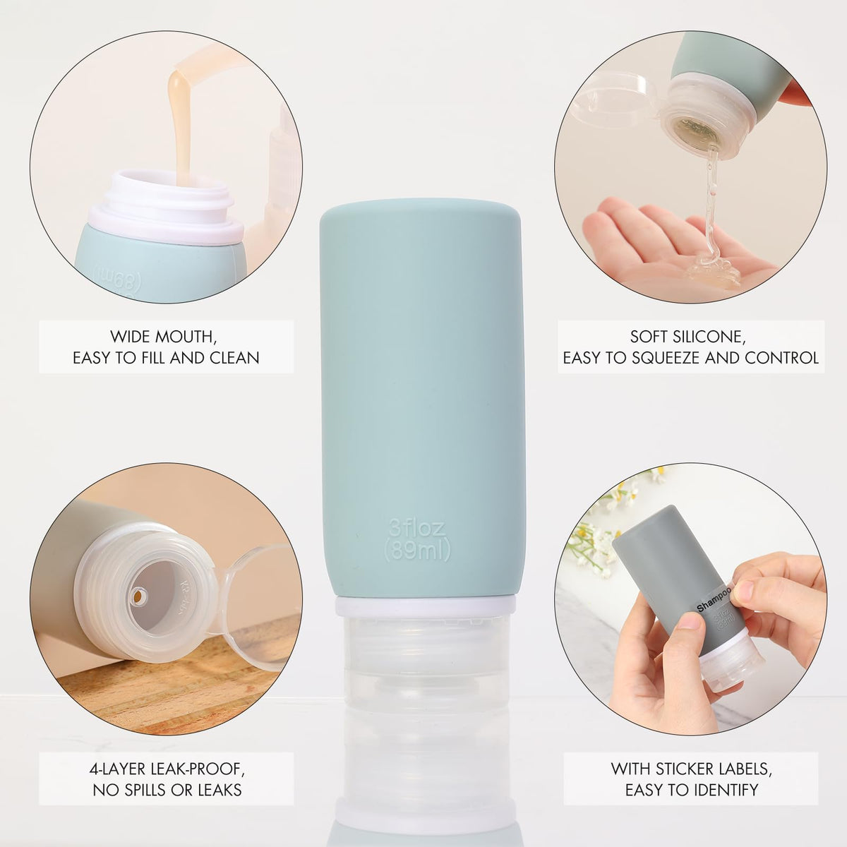Muslish silicone bottles and cream jars in toiletry bag