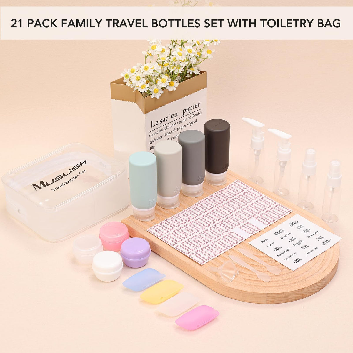 Muslish travel bottles in a compact zippered toiletry bag