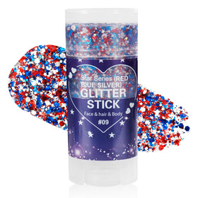 Mysense Patriotic Body Glitter Stick front view with red, white, and blue glitter