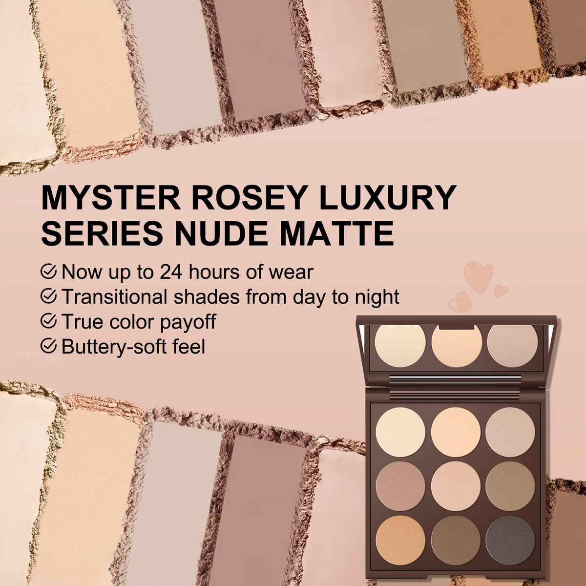 MYSTER ROSEY Neutral Eyeshadow Palette with swatches on skin