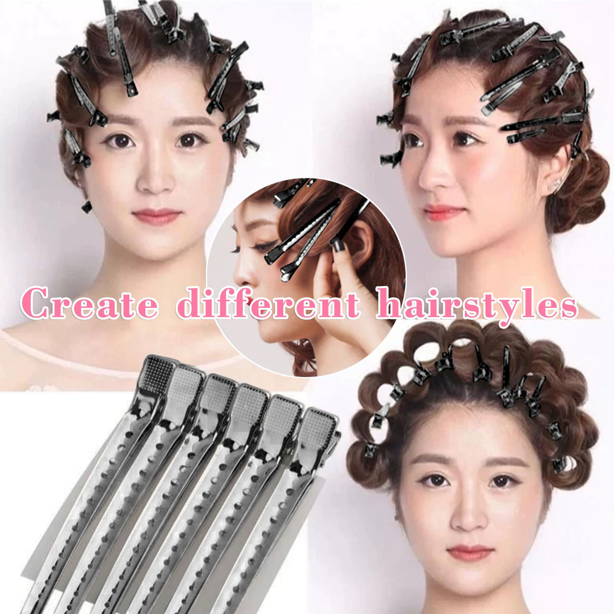 Mythos alligator clips in use during hair styling