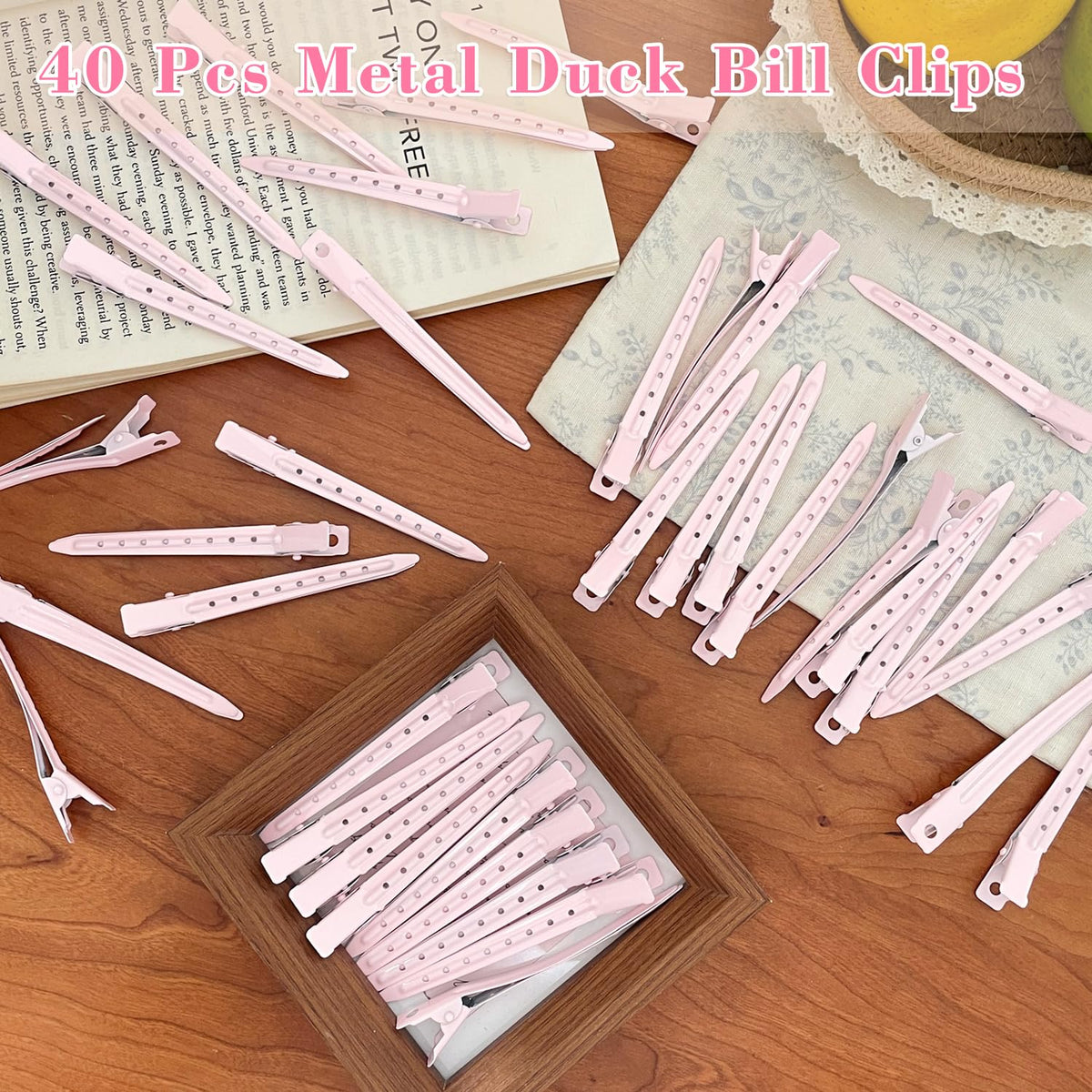 Mythos Pink Duck Billed Hair Clips in use during styling
