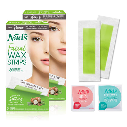 Nad's Facial Wax Strips pack front view, fragrance free
