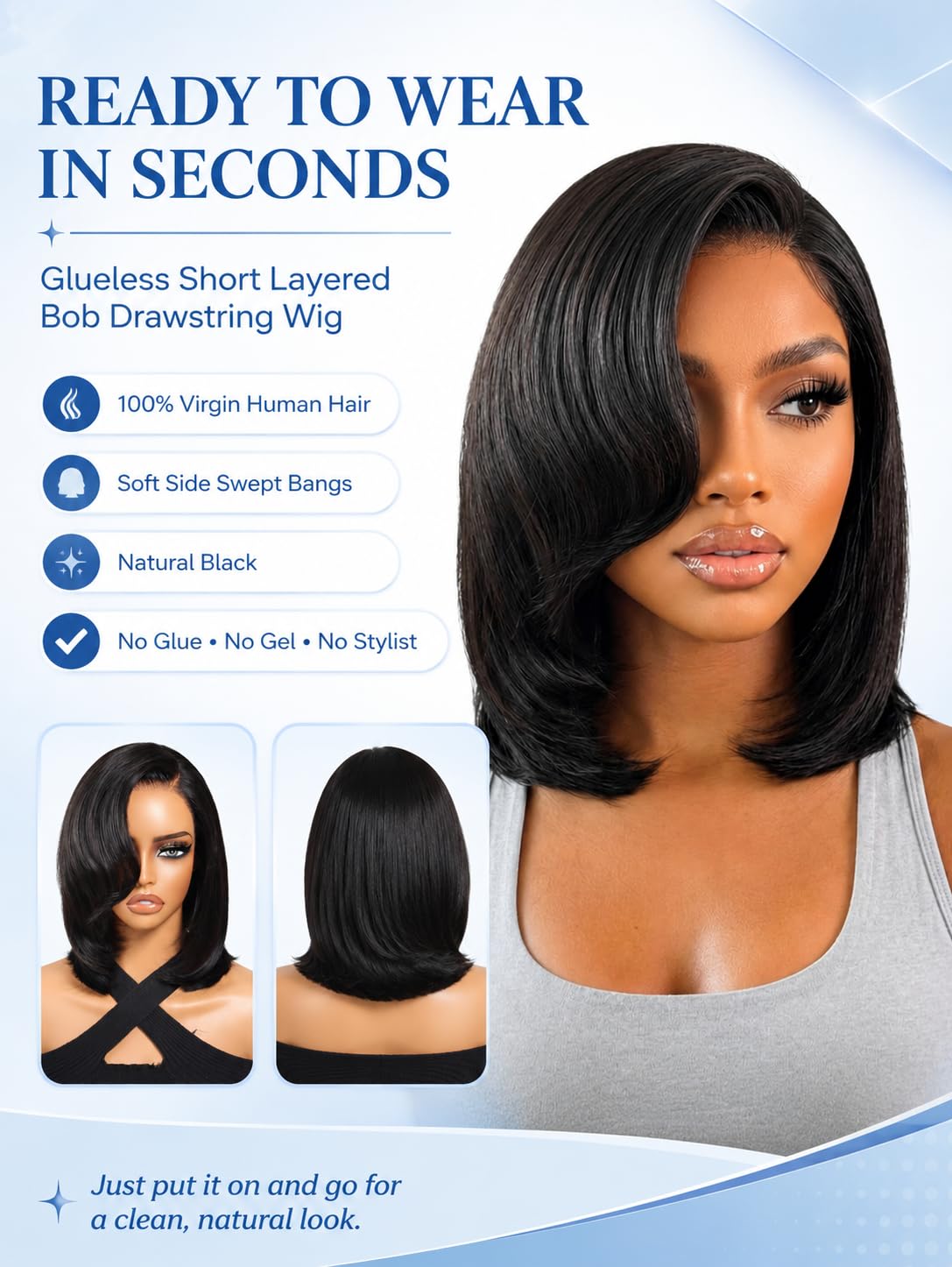 Nadula Glueless Short Layered Bob Wig back view showing natural layers