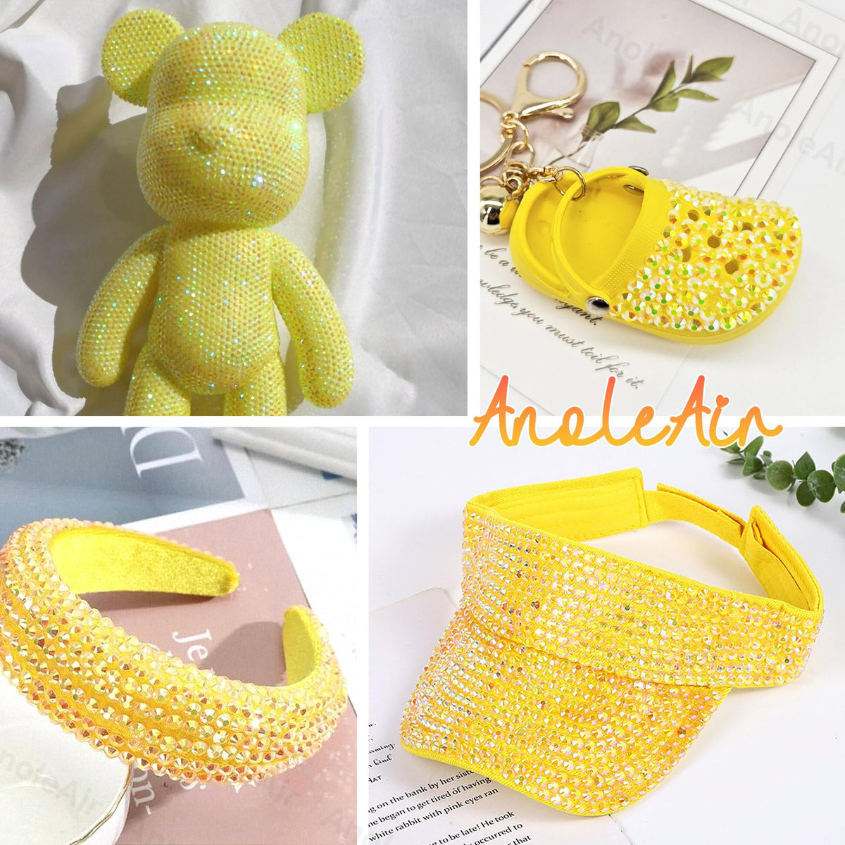 Nail art design featuring AnoleAir yellow rhinestones