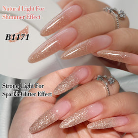 Nail art design featuring Double Rhythm Glitter Gel Polish 15ml Nude Pink B1171