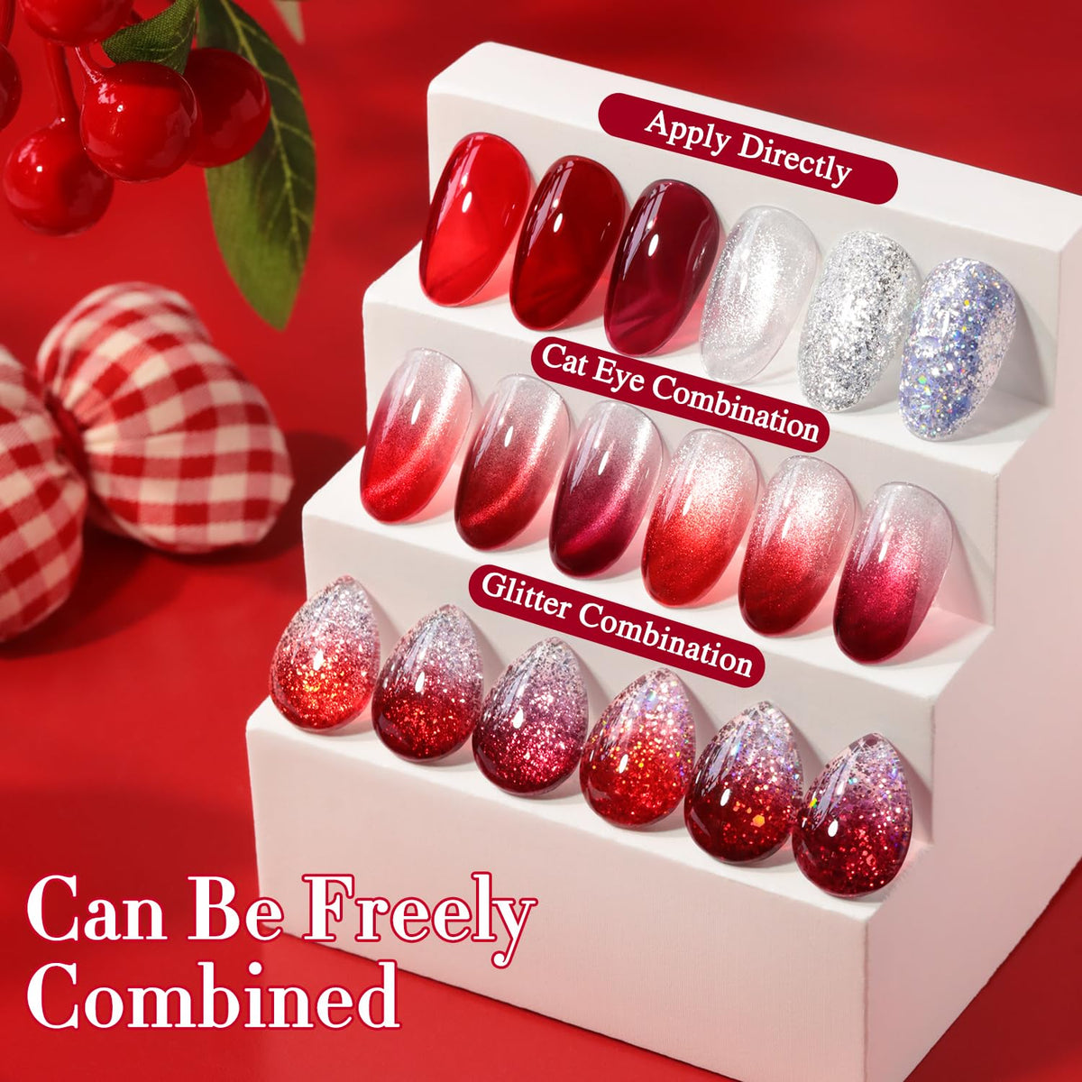 Nail art design using Double Rhythm Gel Polish in Jelly Burgundy Red Glitter