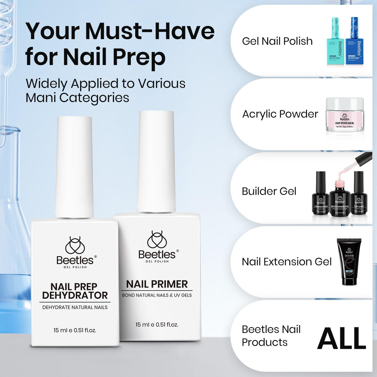 Nail art supplies including Beetles Primer and Dehydrator