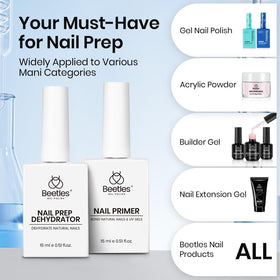 Nail art supplies including Beetles Primer and Dehydrator