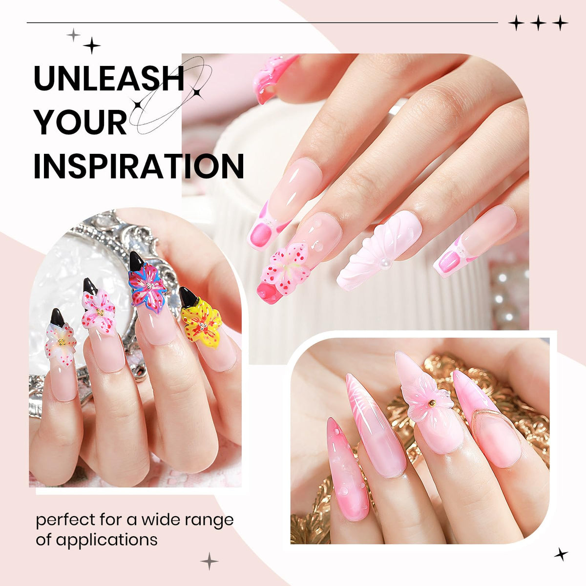 Nail art tools and gels displayed from SUPWEE 3D Nail Sculpting Gel Set