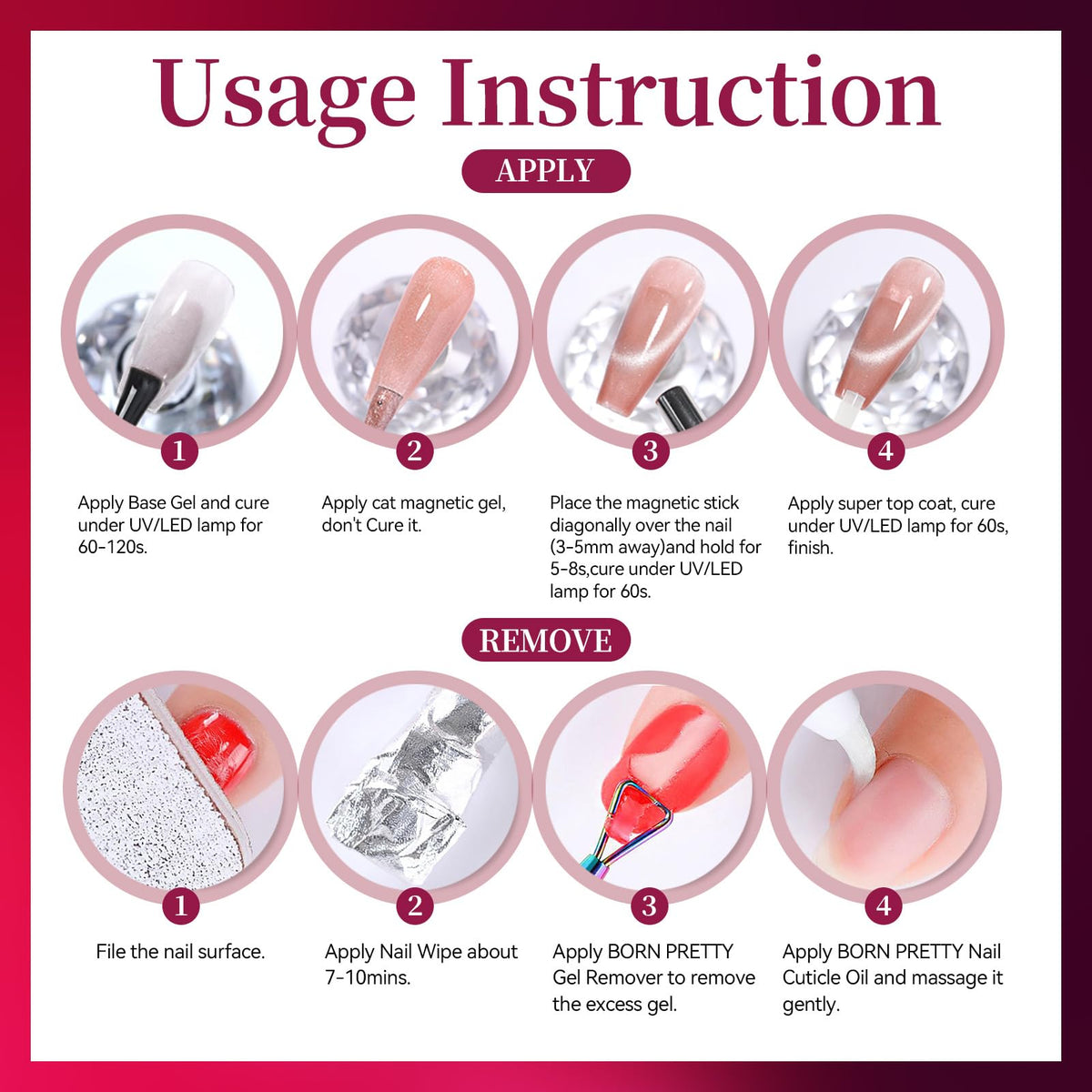 Nail art using Born Pretty Hot Pink Cat Magnetic Eye Gel Nail Polish