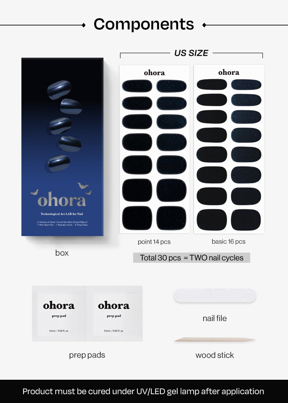 Nail file and wooden stick included with ohora Semi Gel Nail Strips
