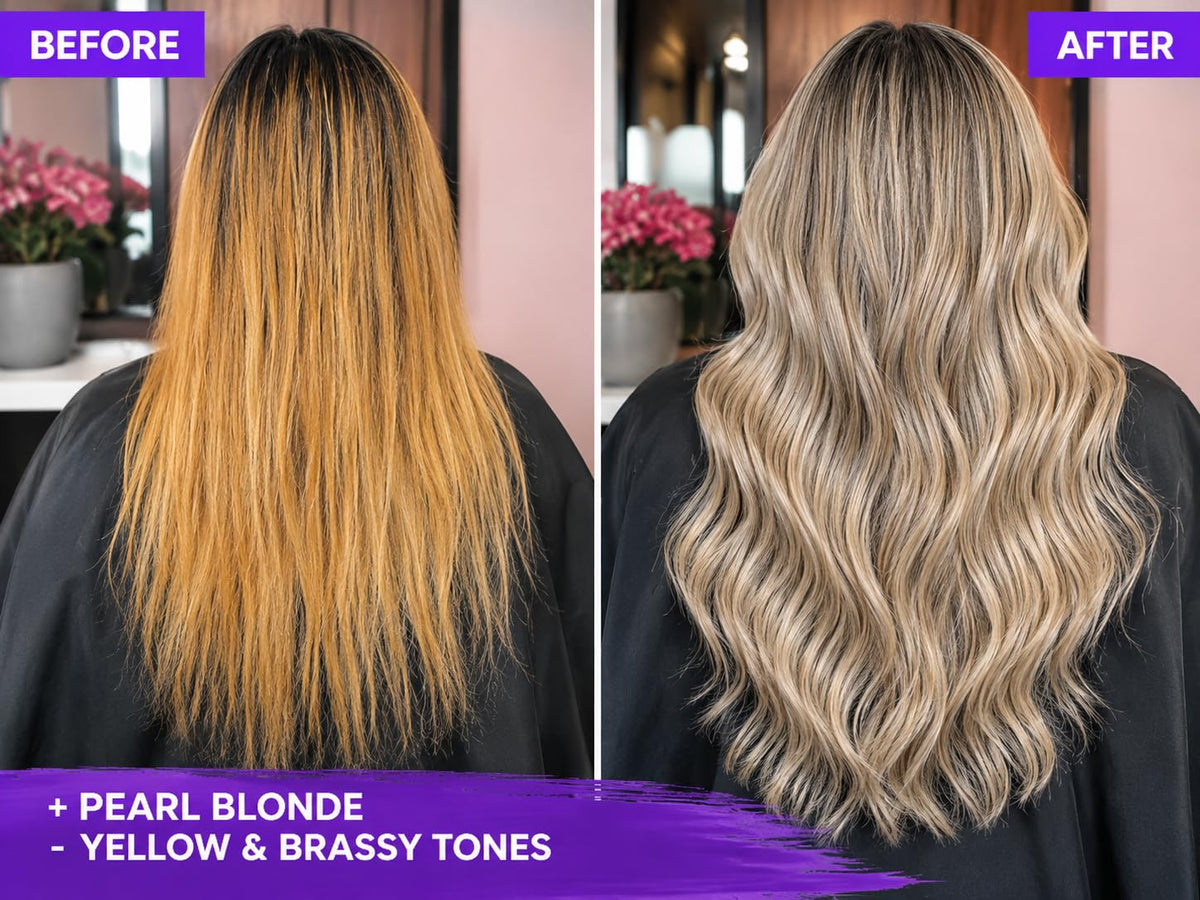 Naissant Pearl Blonde Hair Purple Toning Mask in use on hair