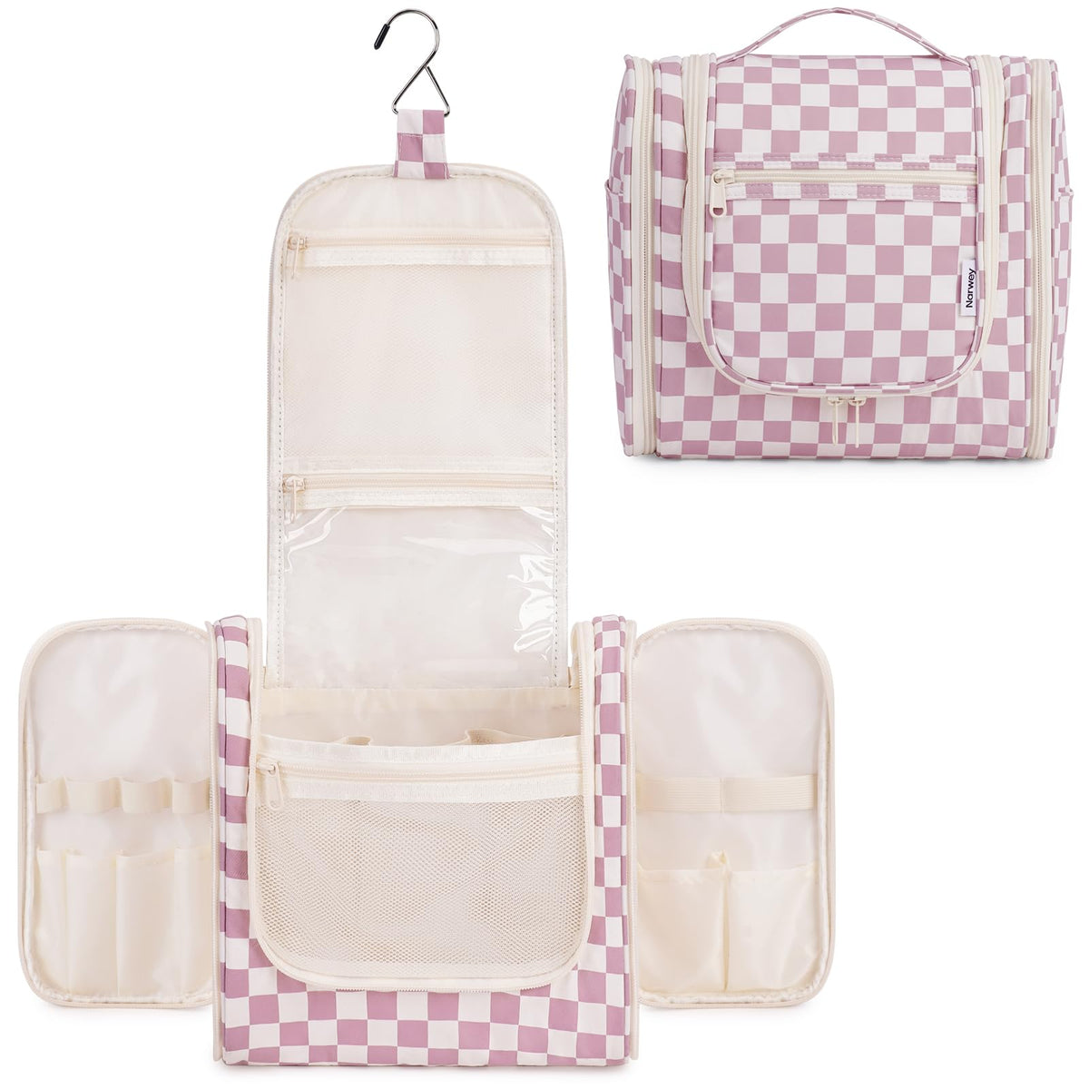 Narwey Checkered Hanging Travel Toiletry Bag front view in Dusty Rose