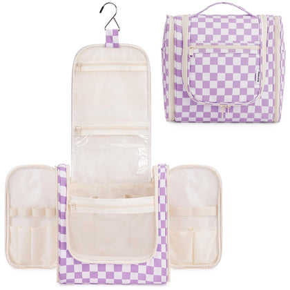 Narwey Checkered Hanging Travel Toiletry Bag front view in purple checkerboard