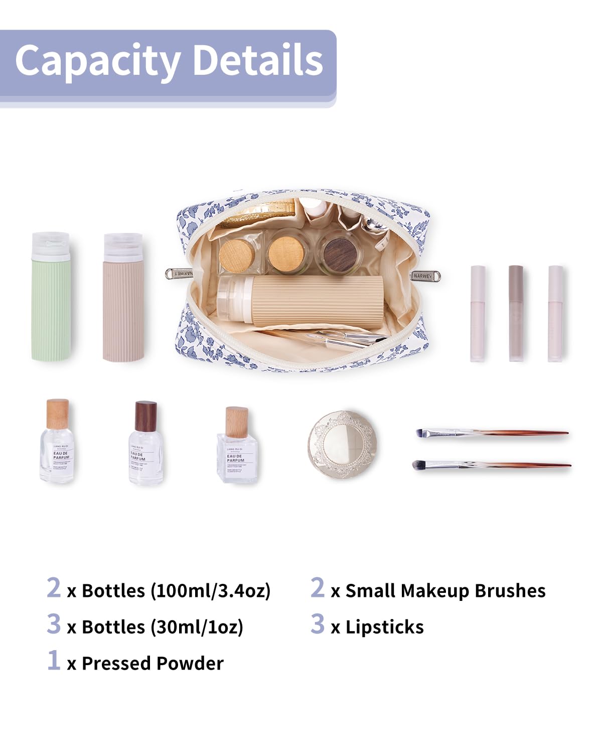 Narwey Floral Makeup Bag open showing inner pockets