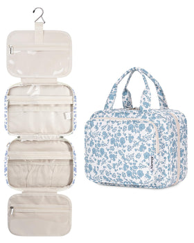 Narwey Hanging Floral Toiletry Bag front view in blue flower design