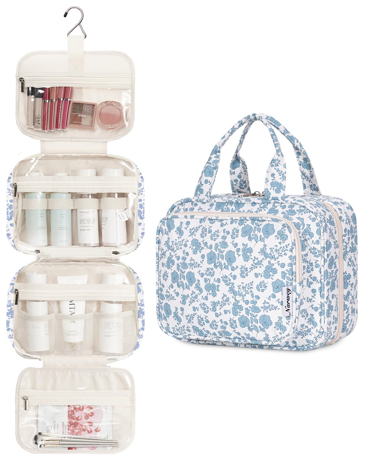 Narwey Hanging Floral Toiletry Bag open showing multiple compartments
