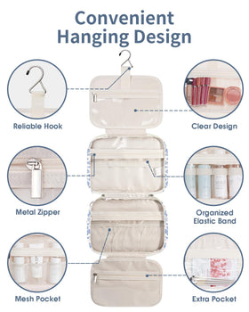 Narwey Hanging Floral Toiletry Bag packed with travel-size toiletries