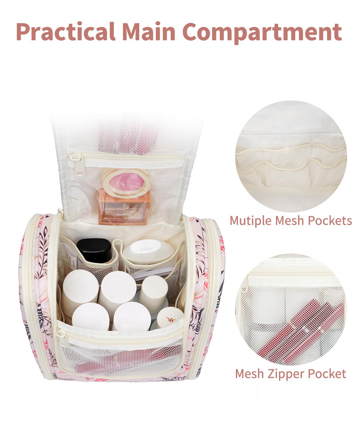 Narwey Hanging Toiletry Bag beige bird open showing storage compartments