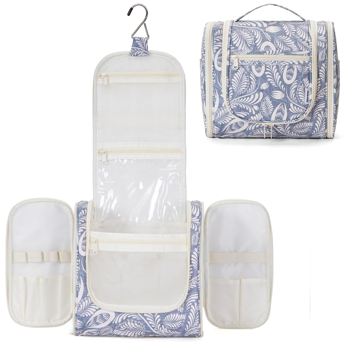 Narwey Hanging Toiletry Bag front view in Blue Leaf design
