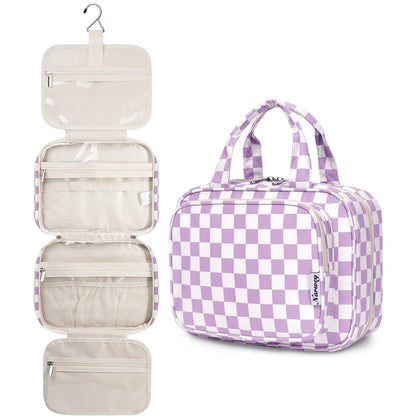 Narwey Hanging Toiletry Bag front view in purple checkerboard