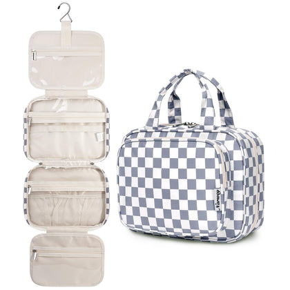 Narwey Hanging Toiletry Bag Grey Blue Checkerboard front view
