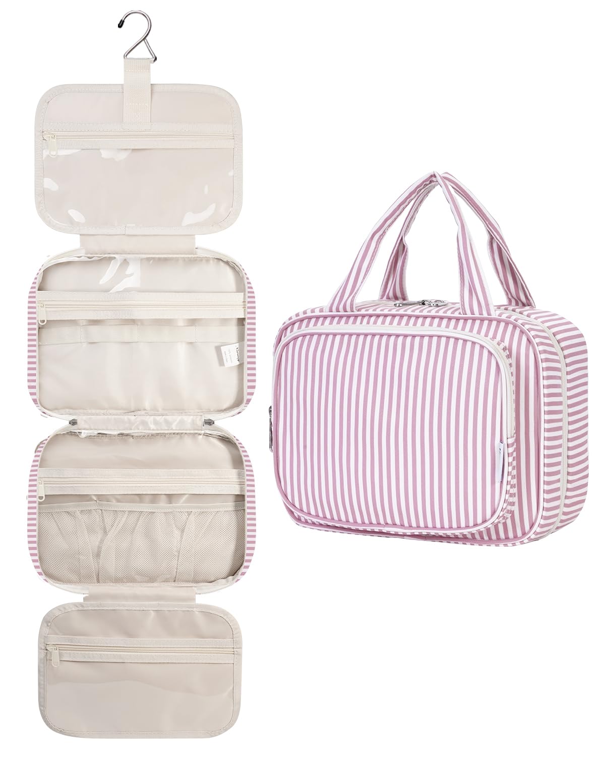 Narwey Hanging Toiletry Bag in Dusty Pink Stripe front view
