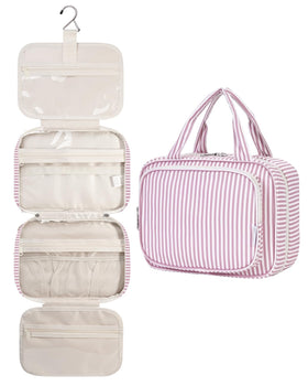 Narwey Hanging Toiletry Bag in Dusty Pink Stripe front view
