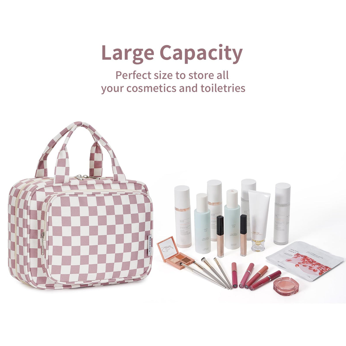 Narwey Hanging Toiletry Bag in lifestyle setting with cosmetics