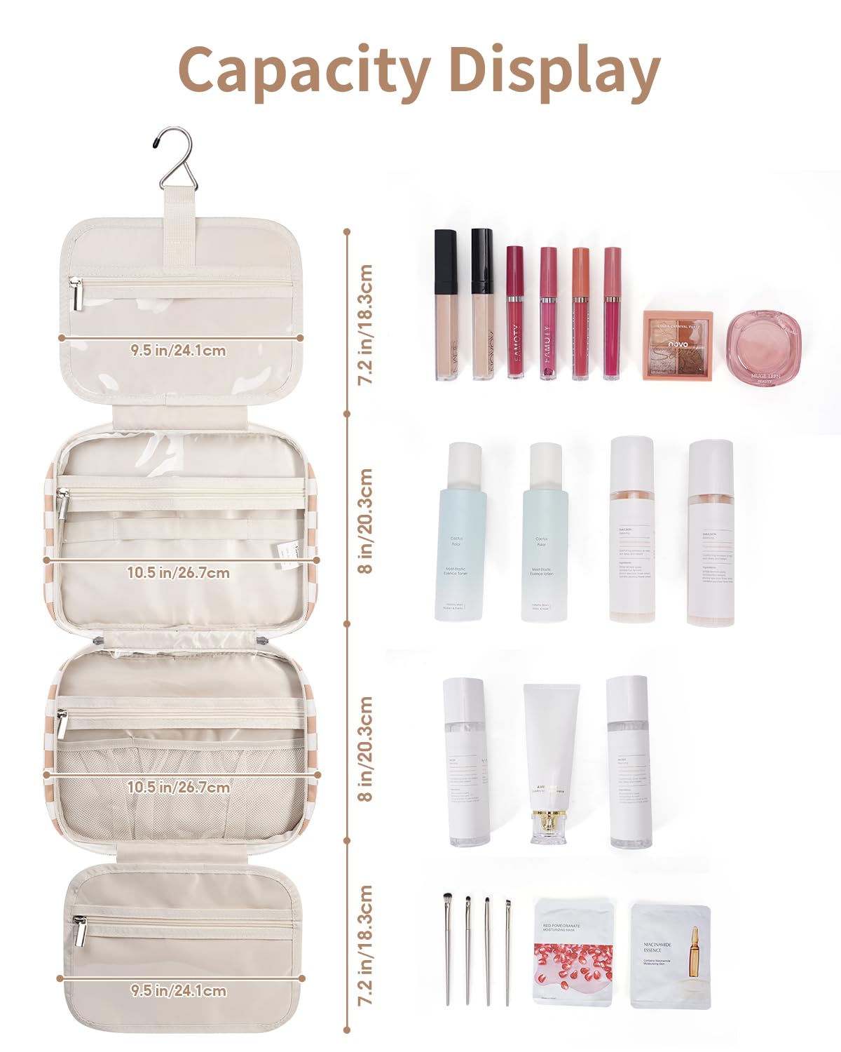 Narwey Hanging Toiletry Bag in use with cosmetics arranged