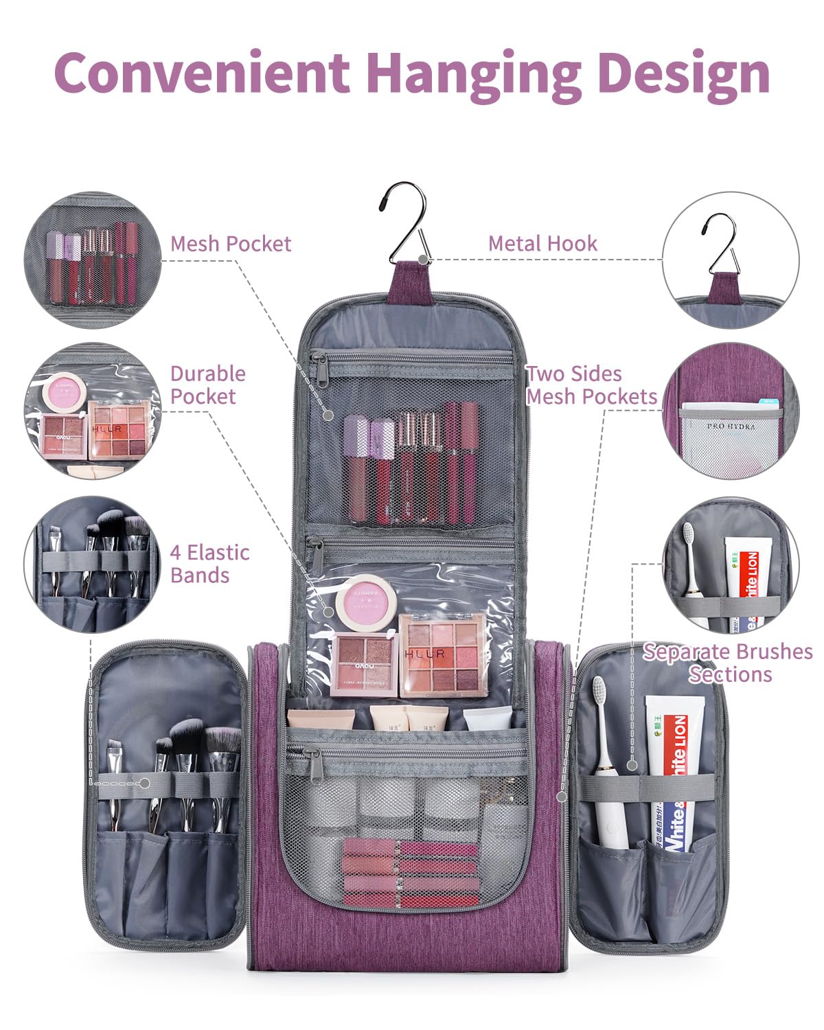 Narwey Hanging Toiletry Bag open showing interior pockets