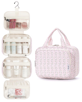 Narwey Hanging Toiletry Bag opened showing compartments and storage