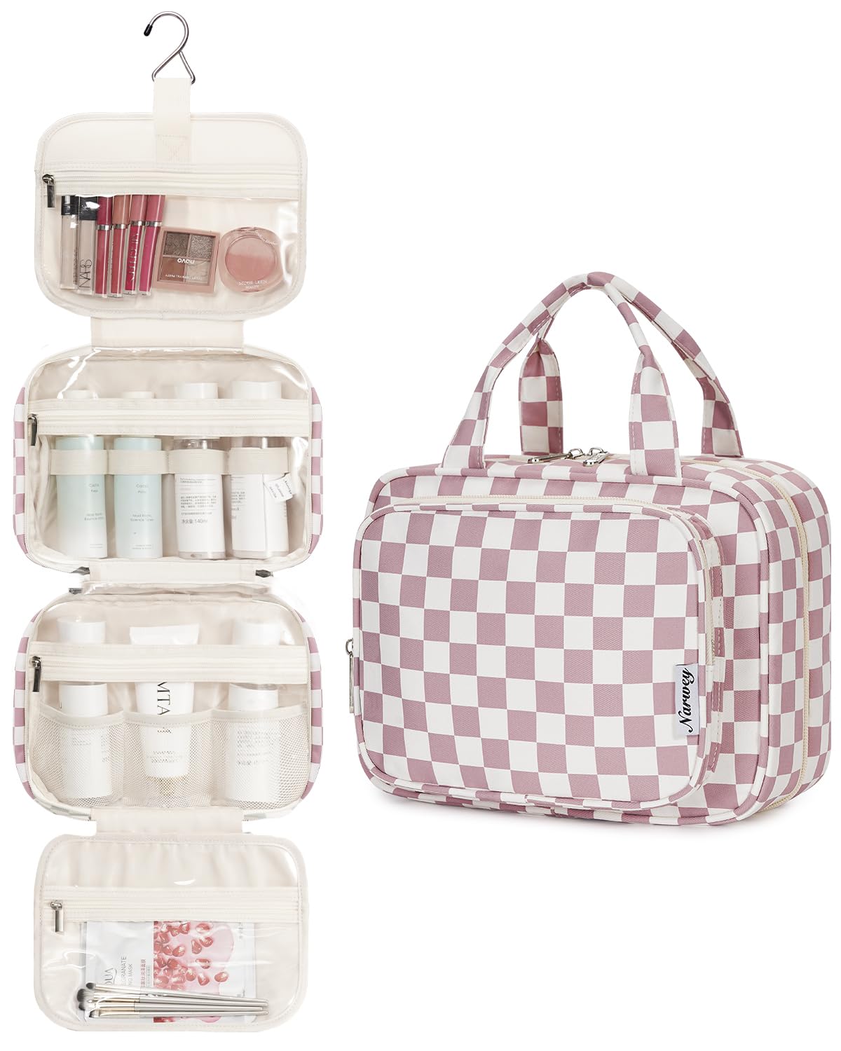 Narwey Hanging Toiletry Bag opened showing multiple compartments