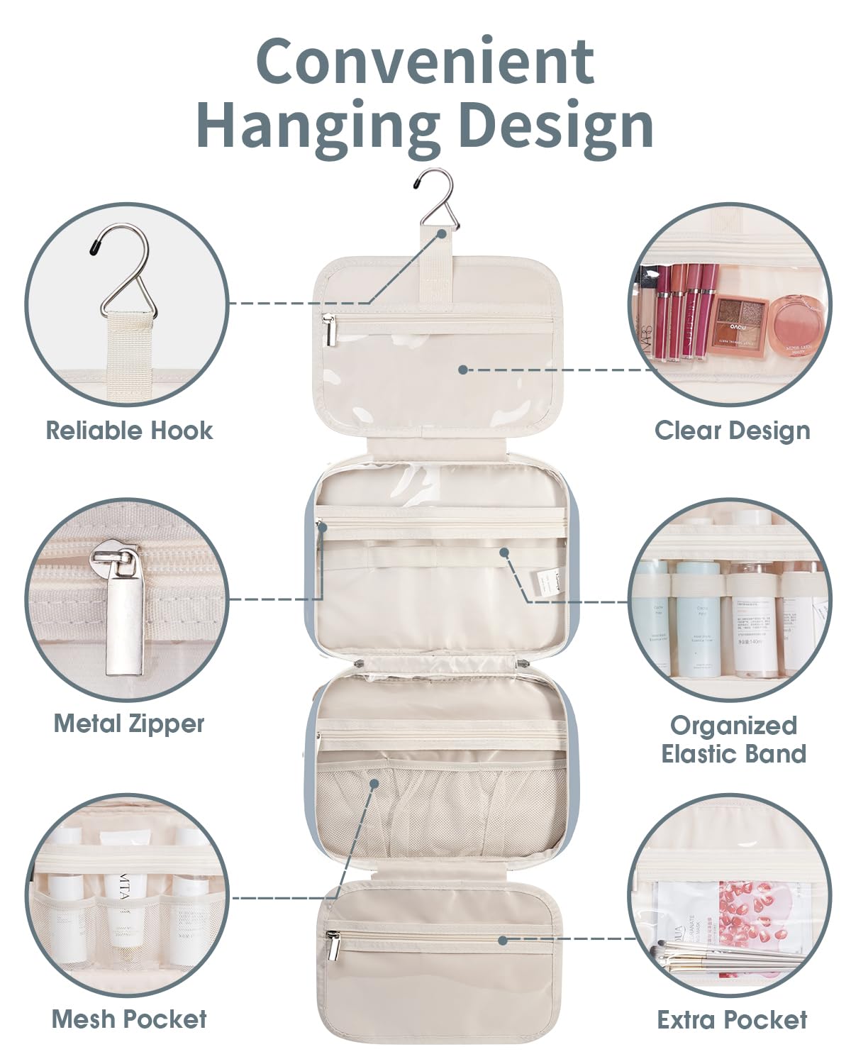 Narwey Hanging Toiletry Bag side view showing zipper details