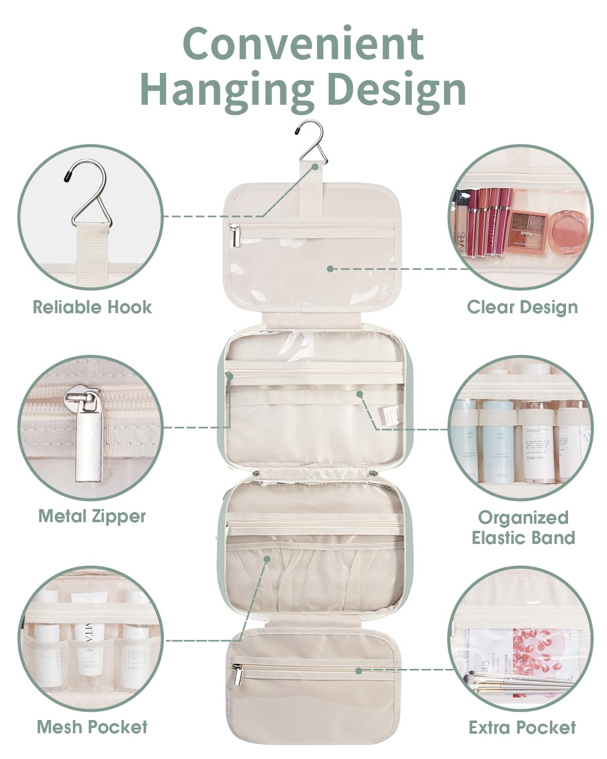Narwey Hanging Toiletry Bag side view with zippers