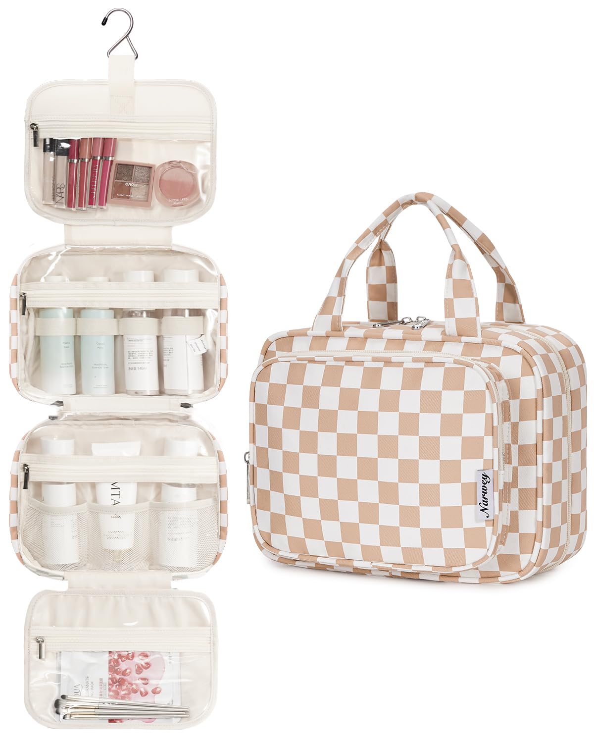 Narwey Hanging Toiletry Bag with compartments open displaying toiletries