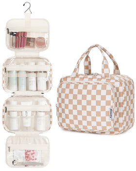 Narwey Hanging Toiletry Bag with compartments open displaying toiletries