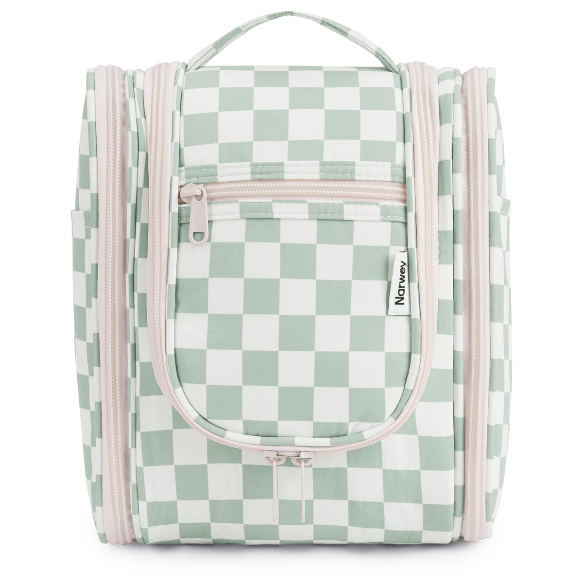 Narwey Hanging Travel Toiletry Bag front view in mint green checkerboard