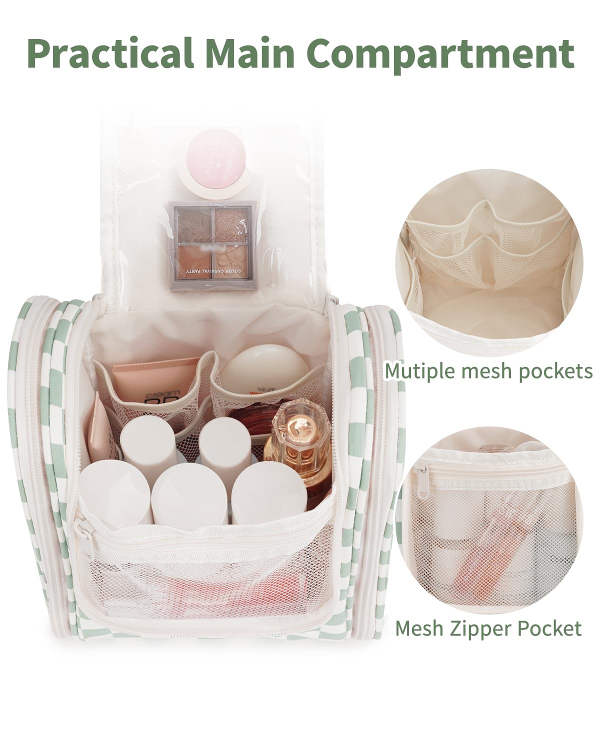 Narwey Hanging Travel Toiletry Bag side view with zipper pockets