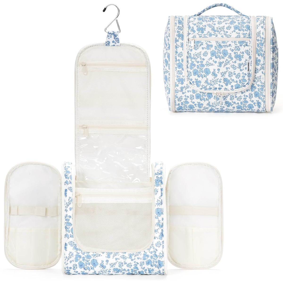 Narwey Large Hanging Toiletry Bag front view in blue flower design