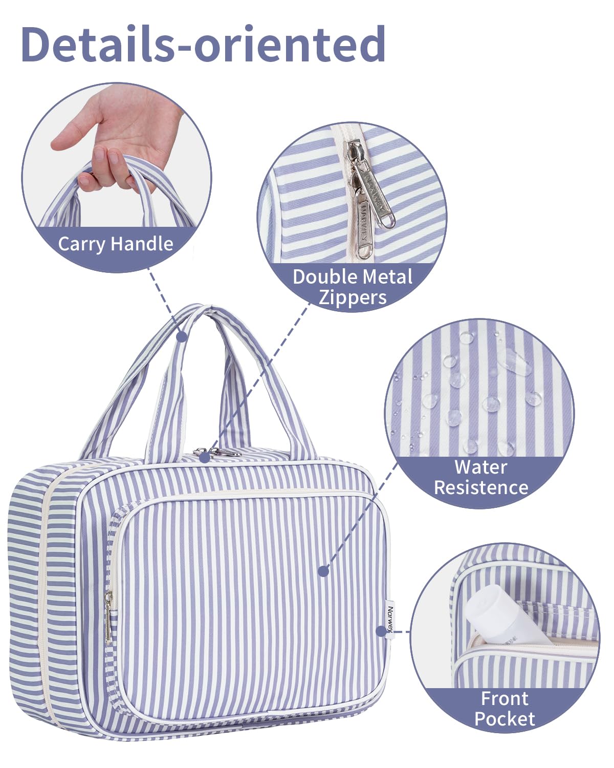 Narwey Large Hanging Toiletry Bag in Greyish Blue Stripe detail view