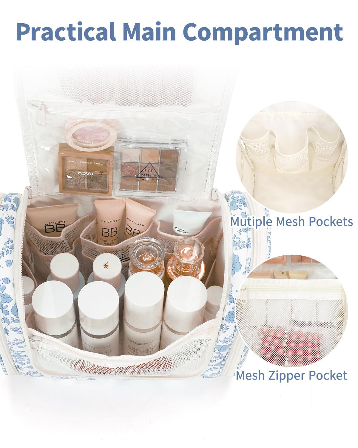 Narwey Large Hanging Toiletry Bag open with toiletries inside