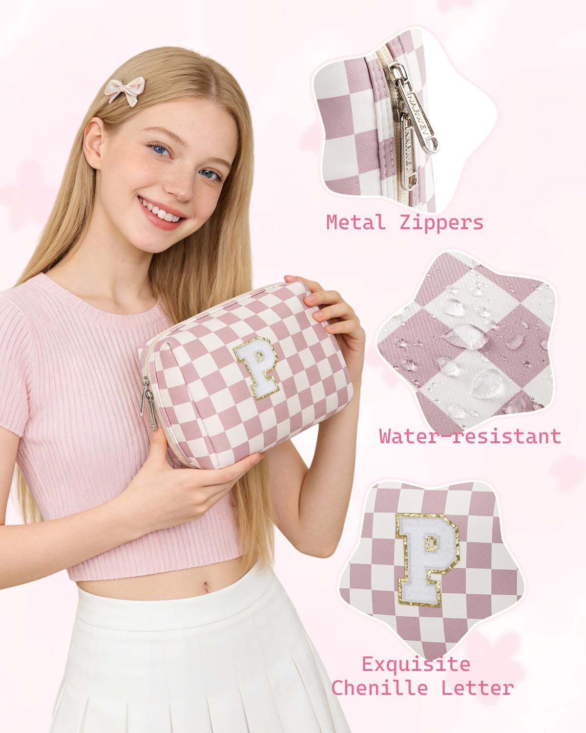 Narwey makeup bag side view with zippers