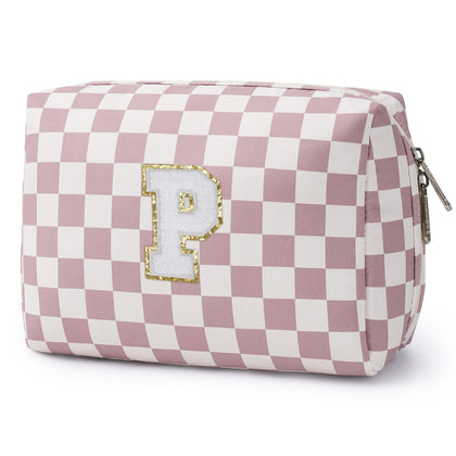 Narwey Personalised Initial Makeup Bag in pink checkered design front view