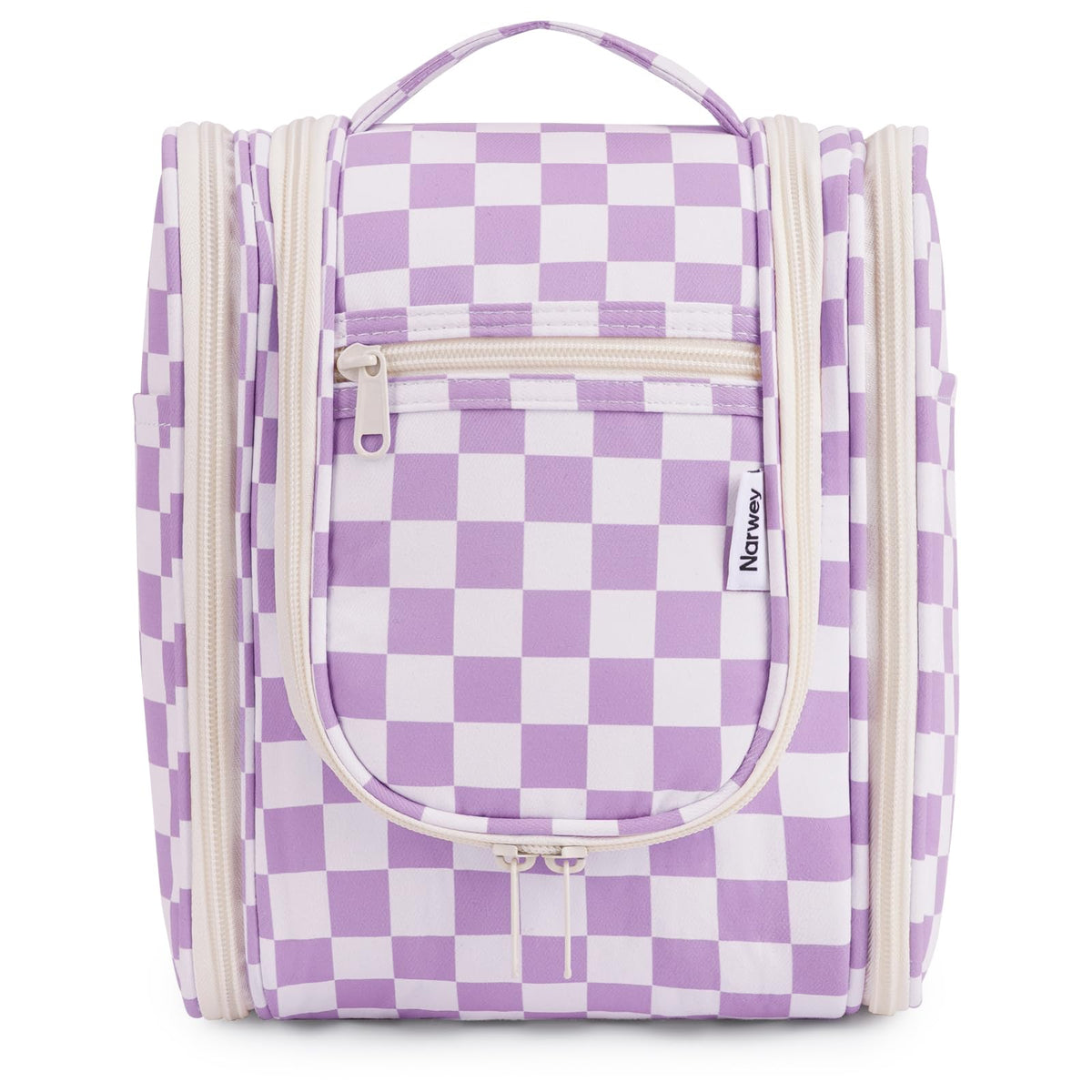 Narwey Small Checkered Hanging Travel Toiletry Bag front view in purple checkerboard